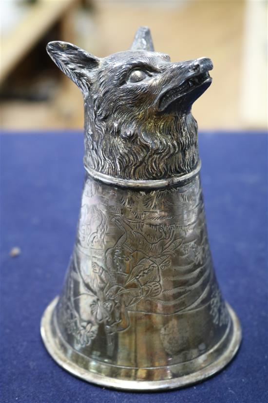 A 1920s continental silver fox head stirrup cup, import marks for Neresheimer & Co, London, 1925, 5.9oz